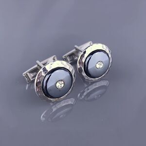 Hematite Rhinestone Silver Tone Cufflinks Hammered Edge Round Vintage